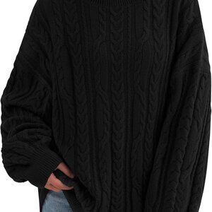 Warm and Trendy Women's Cable Knit Pullover Sweater, Black, Sizes S-XXL